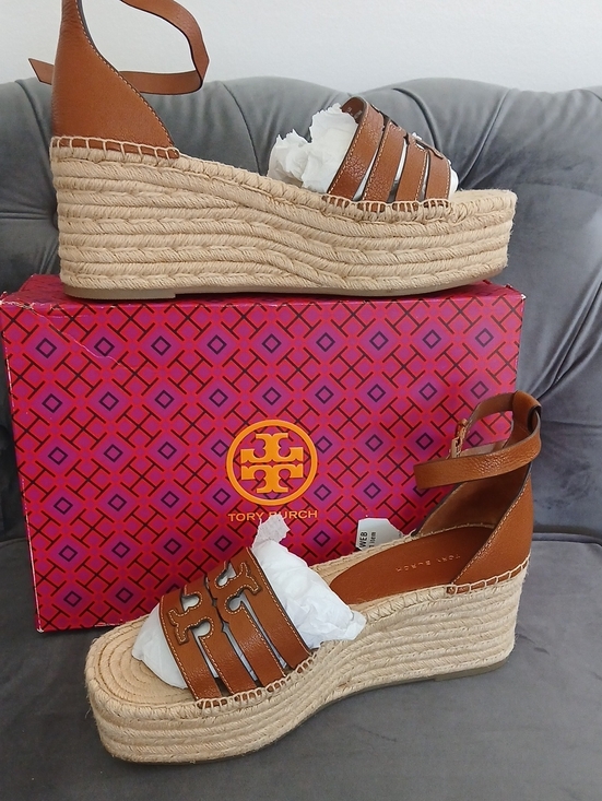 Tory Burch Shoes - Tory Burch Tan Leather Espadrille Platform Wedge Sandals